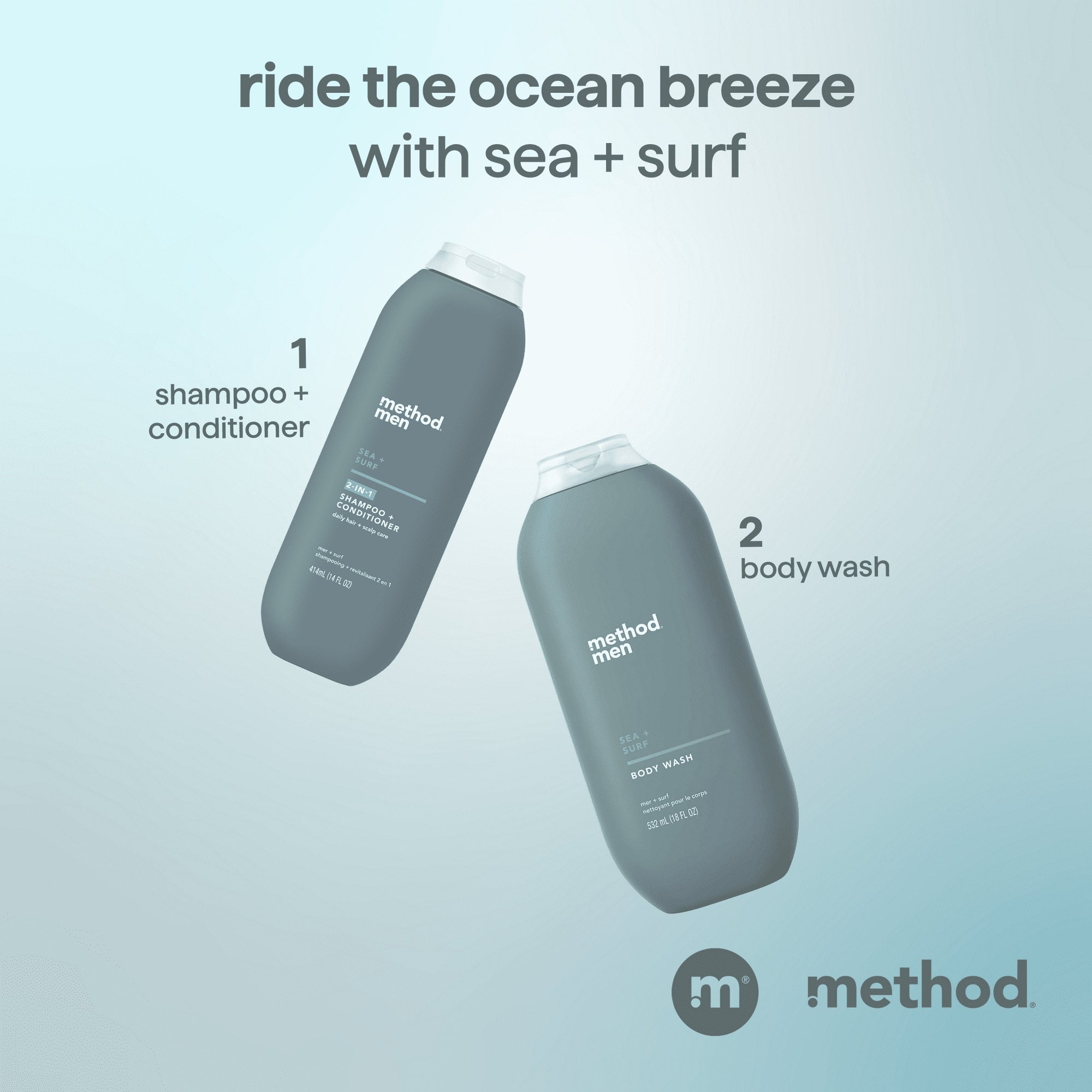 Method Men 2-in-1 Shampoo and Conditioner, Sea + Surf - Cleans and Conditions with Argan and Jojoba Oil - Made without Parabens - 14 oz