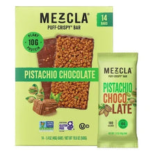 Mezcla puff-crispy bar wrapper, pistachio chocolate with 160 calories label