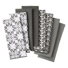 Microfiber kitchen towel set with floral and solid gray towels, neatly folded stack.