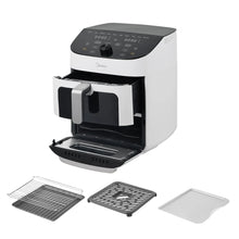 White dual basket air fryer oven with pull-out baskets and included racks and tray