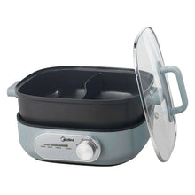 Electric hot pot with two-handled lid and inner divider insert