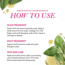 Scalp and hair oil usage card with rosemary mint leaves and drop accents
