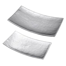 Two silver hammered serving trays with raised rim, shown stacked at an angle