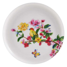 Dinner plate in bone china with colorful bird, flowers, and butterfly pattern