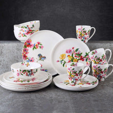 Bone china dinnerware set with butterfly floral print: dinner plates, bowls, and mugs