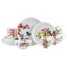 Bone china dinnerware set with colorful butterfly floral design and stacked serving pieces