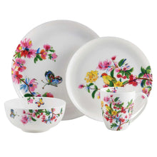 Bone china dinnerware set with butterfly floral design: plates, bowl, and mugs