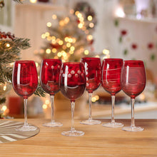 Set of 6 ruby red wine glasses with dotted and ribbed bowl designs
