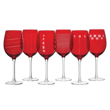 Set of 6 ruby red wine glasses, various dotted and striped patterns on bowls