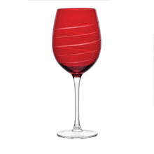 Ruby red wine glass with sweeping horizontal line texture on the bowl