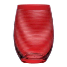 Stemless ruby wine glass with horizontal ribbed stripe texture on the bowl
