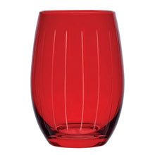 Stemless ruby wine glass with vertical stripe lines on the front