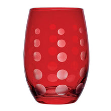 Stemless ruby wine glass with scattered dot pattern on the front
