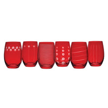 Set of ruby stemless wine glasses showing mixed stripe and dot designs