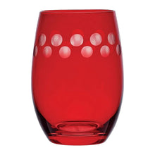 Stemless ruby wine glass with large dot accents near the rim