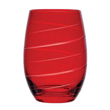 Stemless ruby wine glass with diagonal stripe pattern on the bowl