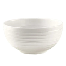 White bone china soup bowl with horizontal ridges and smooth rim
