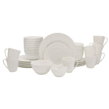 White bone china dinnerware set with dinner plates, bowls, and handle mugs