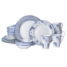 Bone china dinnerware set with blue floral and grid plates, bowls, and mugs