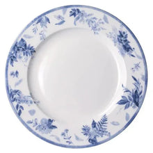 Blue floral bone china dinner plate with patterned rim