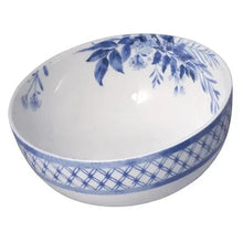 Blue floral and grid bone china serving bowl