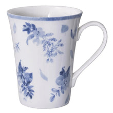 Blue floral bone china mug with curved handle