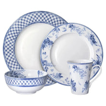 Bone china dinnerware set: blue floral plates, grid bowl, and patterned mug