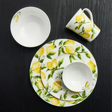Lemon-pattern dinnerware set with plate, shallow bowl, and mug
