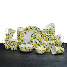 Lemon-pattern 40-piece dinnerware set with plates, bowls, and mugs