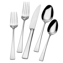 Stainless steel flatware set with forks, knives, and oval-bowl spoons