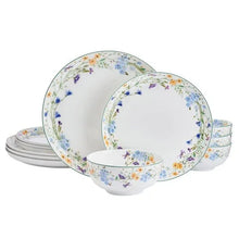 12-piece bone china dinnerware set, floral rim plates, bowls, and cups with white base