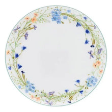Bone china dinner plate with white center and blue, orange, and purple floral vine rim