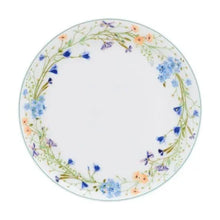 Bone china dinner plate with white center and delicate multicolor flower vine rim