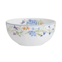 Floral bone china serving bowl with blue, purple, and peach flowers