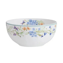 Bone china cereal bowl with white body and multicolor floral vine rim border