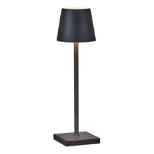 Black rechargeable LED table lamp with fabric shade and square base