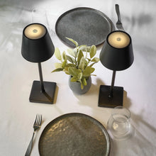 Two LED lamps with black cone shades and square bases, shown from above on a table