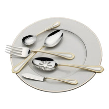 Stainless steel flatware set with gold bead handles: forks, spoons, knives