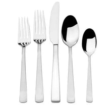 Satin-finish flatware set, polished silver utensils: forks, knives, and spoons