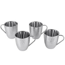 Set of 4 hammered stainless steel mugs with curved handles