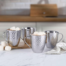 Set of 4 hammered stainless steel double-wall mugs with curved handles