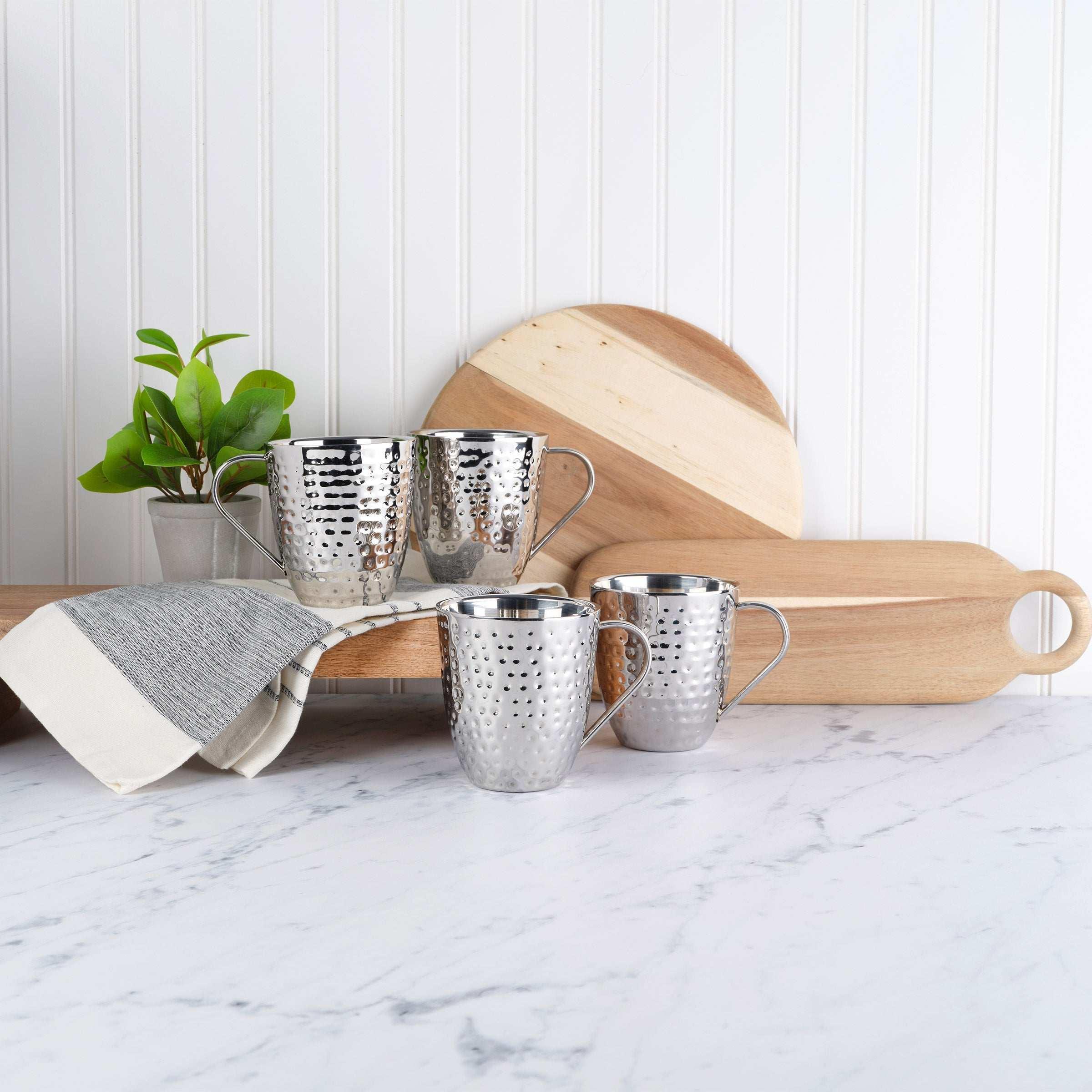 Mikasa Set of 4 Double-wall Hammered Stainless Steel Mugs - USA MEGA SHOP