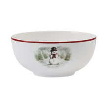Dinner bowl with red rim and snowman graphic on a snowy landscape