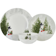 Mikasa Snowman dinnerware trio with two plates and a bowl in a winter tree design