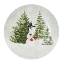 Mikasa Snowman plate featuring a snowman among evergreen trees