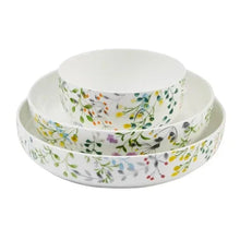 Floral bone china bowl set, three stacked white round bowls with garden pattern