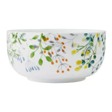 Round bone china bowl, white with multicolor berries and leaves floral pattern