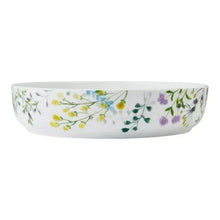 Oval bone china serving bowl, white with multicolor wildflower and leaf pattern