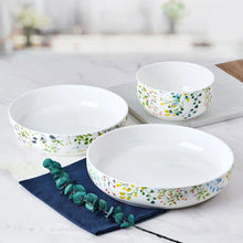 Floral bone china bowls set, three white round bowls with garden pattern