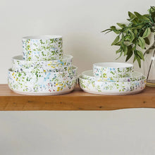 Floral bone china bowl set with white base, stacked round bowls